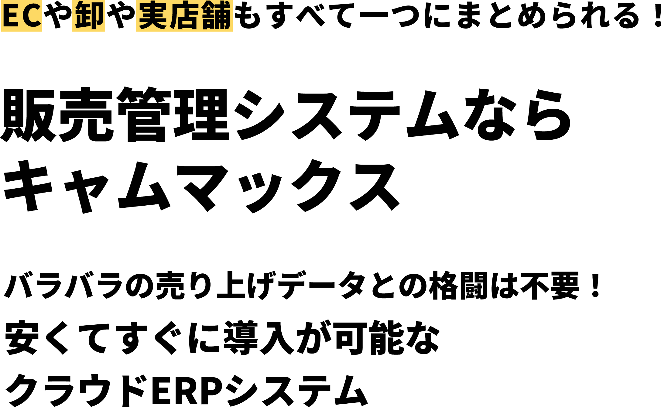 ECや卸や実店舗もすべて一つにまとめられる！販売管理システムならキャムマックス バラバラの売り上げデータとの格闘は不要！安くてすぐに導入が可能なクラウドERPシステム