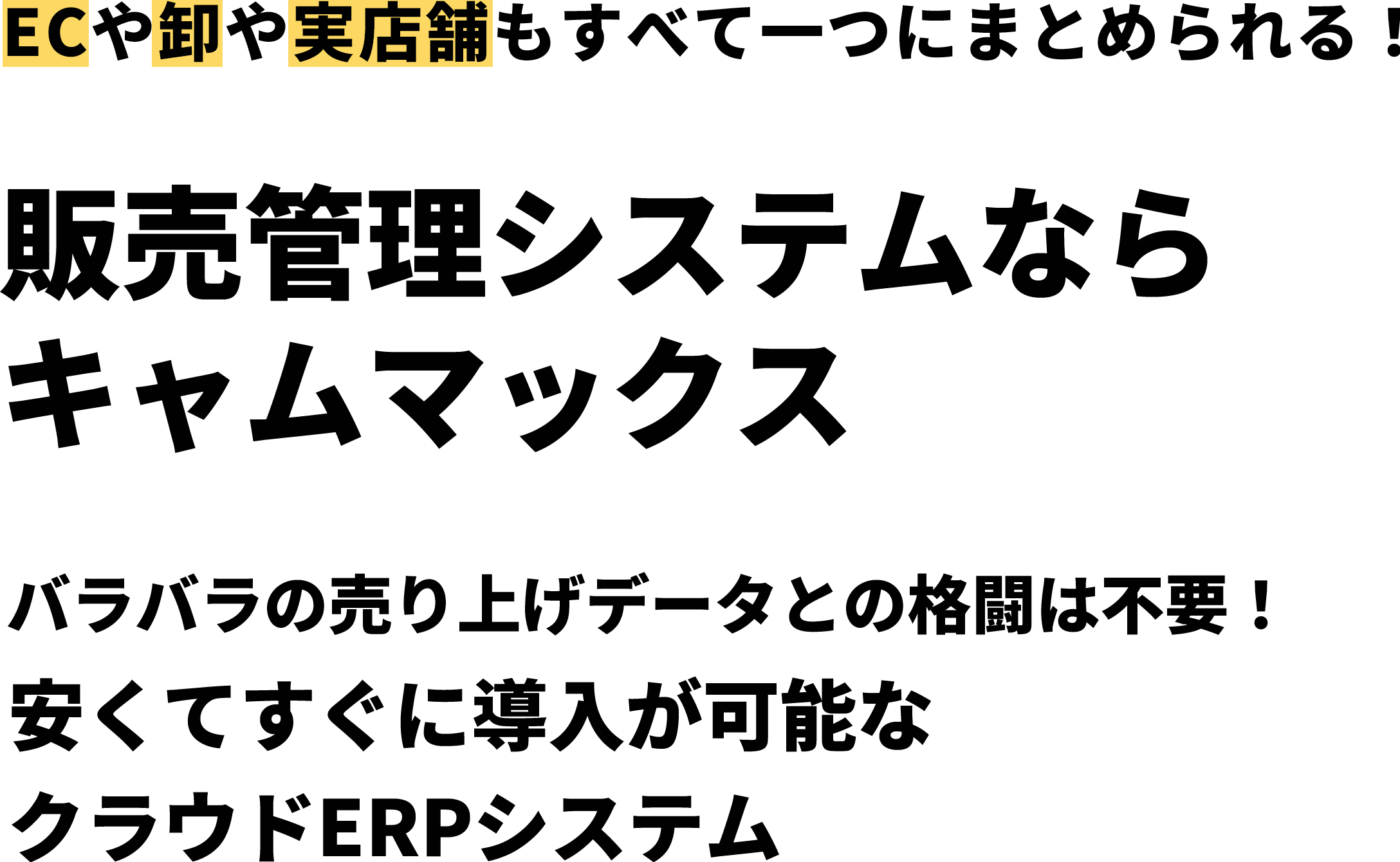 ECや卸や実店舗もすべて一つにまとめられる！販売管理システムならキャムマックス バラバラの売り上げデータとの格闘は不要！安くてすぐに導入が可能なクラウドERPシステム